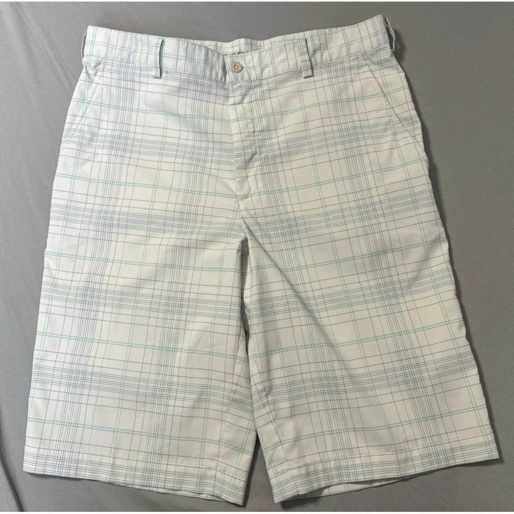 Nike Golf Shorts Men's 32 Large White Blue Plaid Swoosh Lightweight Casual Golf